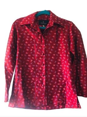Max Nugus Haute Couture Silk Blouse Women 8 Red Elephant Print Button Front Shir